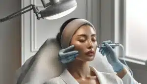 Clinician performing dermapen microneedling on woman in scandinavian clinic cool daylight