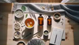 Norwegian flat lay of herbal stress remedies with tea and capsules