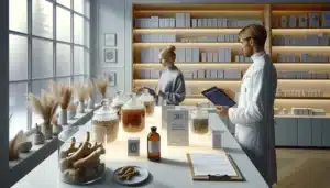 Norwegian pharmacist discusses standardized chinese herbs with a patient in a pharmacy