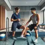 Physiotherapist guides patient in warm norwegian hydrotherapy pool fjord winter backdrop