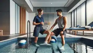 Physiotherapist guides patient in warm norwegian hydrotherapy pool fjord winter backdrop