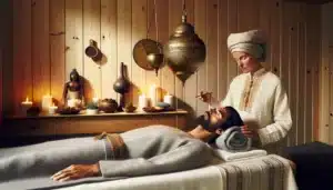 Shirodhara oil therapy in a norwegian spa with winter forest view