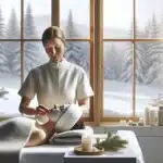 Therapist performs kobido jawline lift on relaxed client in a nordic spa