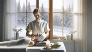 Therapist performs kobido jawline lift on relaxed client in a nordic spa