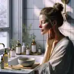 Norwegian woman massaging ayurvedic oil into her face to support skin elasticity