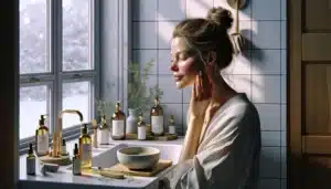 Norwegian woman massaging ayurvedic oil into her face to support skin elasticity