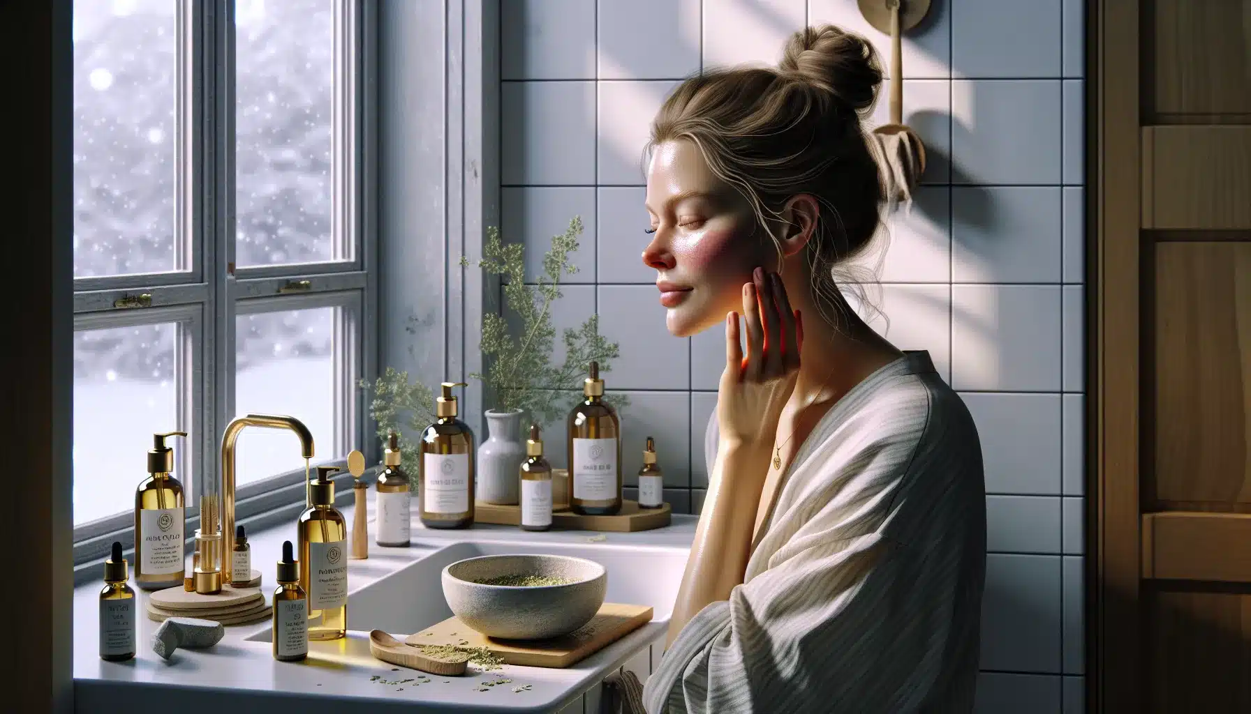 Effekten av ayurvediske oljer på hudens elastisitet 1 Norwegian woman massaging ayurvedic oil into her face to support skin elasticity