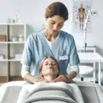 Physiotherapist performing gentle lymphatic drainage on a relaxed woman in a norwegian clinic