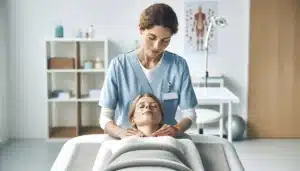 Physiotherapist performing gentle lymphatic drainage on a relaxed woman in a norwegian clinic