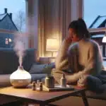 Naturlige metoder for å redusere stress med eteriske oljer 1 Woman in a cozy norwegian home using essential oils and diffuser to relax