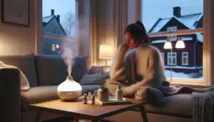 Woman in a cozy norwegian home using essential oils and diffuser to relax