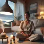 Fordelene med aromaterapi for mental balanse og avslapning 5 Woman relaxing with aromatherapy diffuser in a cozy norwegian living room at dusk