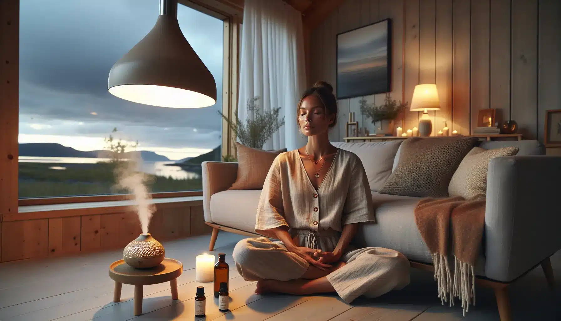 Woman relaxing with aromatherapy diffuser in a cozy norwegian living room at dusk